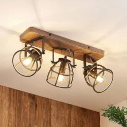 Lindby Deckenstrahler Rutger, 52cm, 3-flg., Holz, Käfig, E14