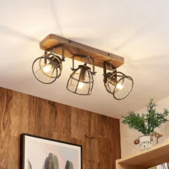 Lindby Deckenstrahler Rutger, 52cm, 3-flg., Holz, Käfig, E14