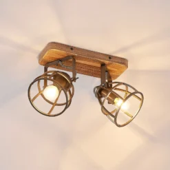 Lindby Deckenstrahler Rutger, 36cm, 2-flg., Holz, Käfig, E14