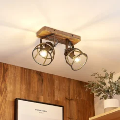 Lindby Deckenstrahler Rutger, 36cm, 2-flg., Holz, Käfig, E14