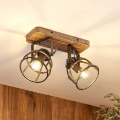 Lindby Deckenstrahler Rutger, 36cm, 2-flg., Holz, Käfig, E14