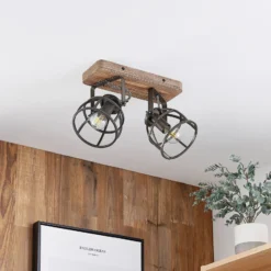Lindby Deckenstrahler Rutger, 36cm, 2-flg., Holz, Käfig, E14