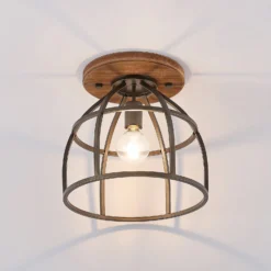 Lindby Deckenstrahler Rutger, Ø 34 cm, Holz, Käfig, E27