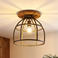 Lindby Deckenstrahler Rutger, Ø 34 cm, Holz, Käfig, E27