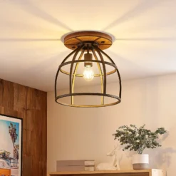 Lindby Deckenstrahler Rutger, Ø 34 cm, Holz, Käfig, E27