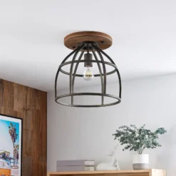 Lindby Deckenstrahler Rutger, Ø 34 cm, Holz, Käfig, E27