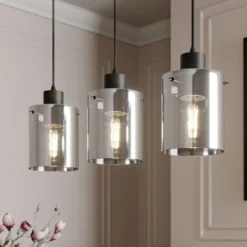 Lindby Hängelampe Kourtney, 3-flg., schwarz/grau, Glas, E27