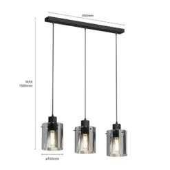 Lindby Hängelampe Kourtney, 3-flg., schwarz/grau, Glas, E27