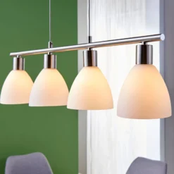 Lindby Hängelampe Simeon, nickelfarben, Glas, 73 cm, E14