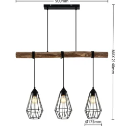 Lindby Hängeleuchte Eldarion, 90 cm, 3-flammig, Holz, E27