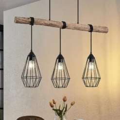 Lindby Hängeleuchte Eldarion, 90 cm, 3-flammig, Holz, E27