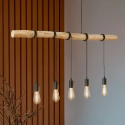 Lindby Hängeleuchte Rom, 5-flg., Holz, Seil, schwarz, 116 cm