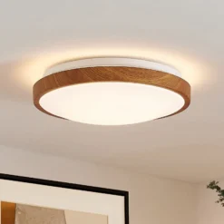 Lindby LED-Deckenleuchte Mynte, Ø30cm, Holzoptik, Kunststoff