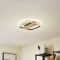 Lindby LED-Deckenleuchte Romilda, grau, Holz, 37 cm breit