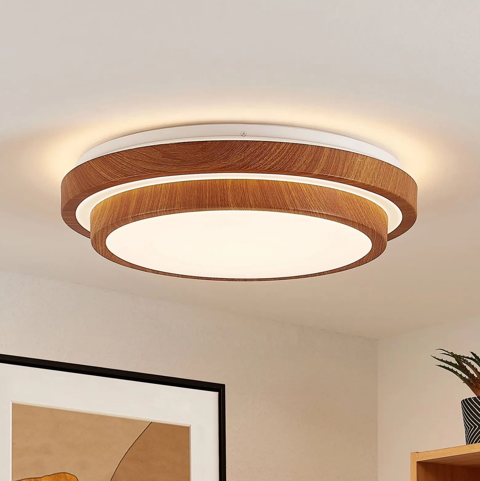 Lindby LED-Deckenleuchte Vaako, Ø 41 cm, Metall, Holzoptik