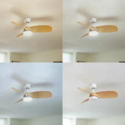 Lindby LED-Deckenventilator Enon, weiß/holzfarben, DC, leise