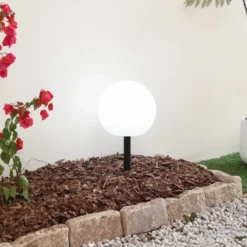 Lindby LED-Solarlampe Lago, Ø 25 cm, Kugel, Erdspieß, weiß