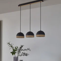 Lindby Lonnaris Hängelampe, Rattan, schwarz, 3-fl.