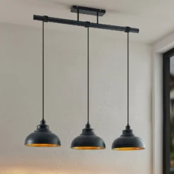 Lindby Pendellampe Emna, 3-flg., schwarz/gold, Metall, 101cm