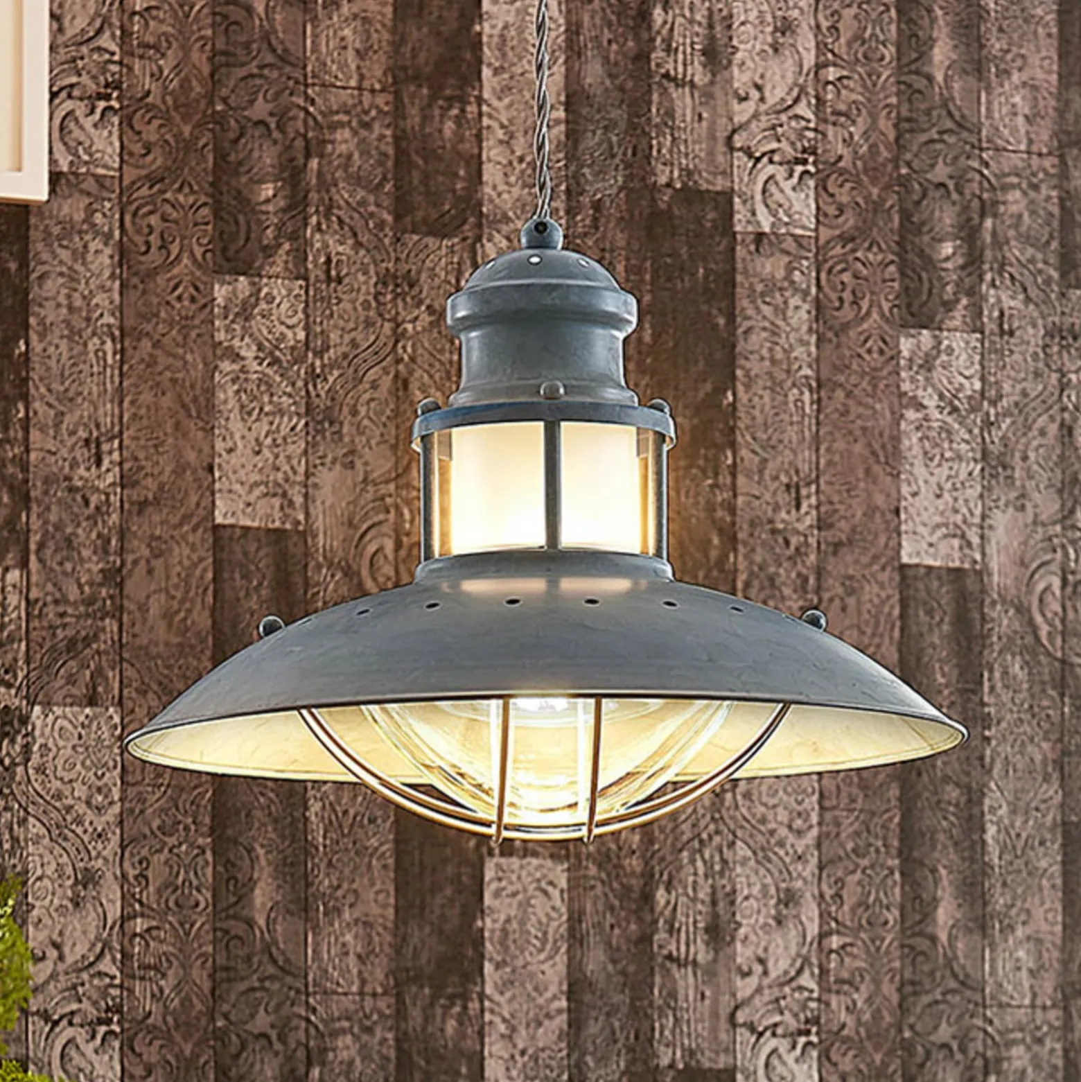 Lindby Pendellampe Louisanne, Ø35cm, grau-grün, Metall, Glas