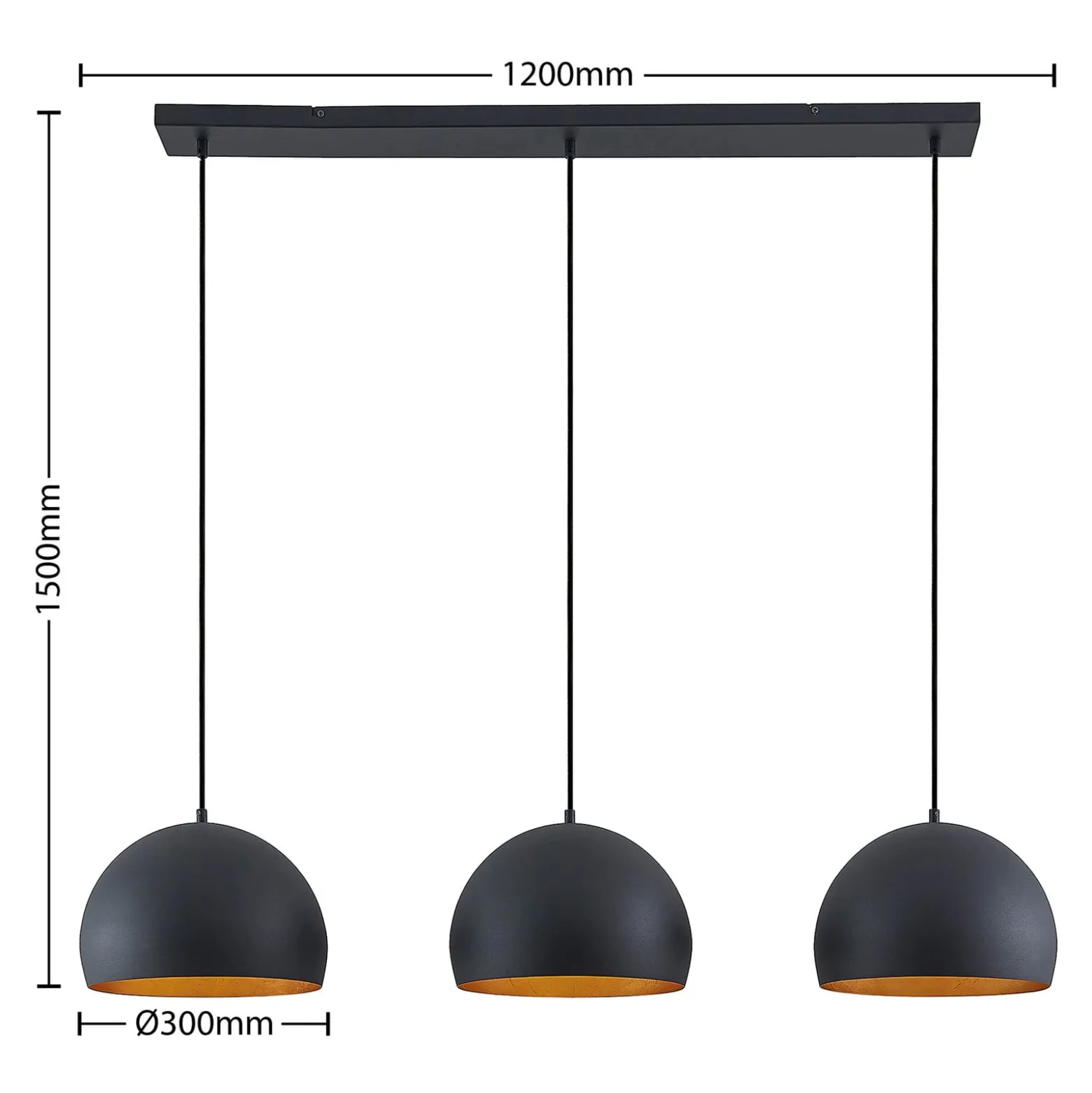 Lindby Pendellampe Tarjei, Länge 120cm, schwarz/gold, Metall