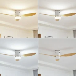 Lucande LED-Deckenventilator Kayu, weiß/holz, DC, 132 cm