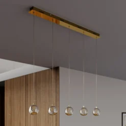 Lucande LED-Pendellampe Hayley, 96 cm, 5-flg., gold, Glas