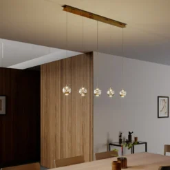 Lucande LED-Pendellampe Hayley, 96 cm, 5-flg., gold, Glas