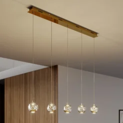 Lucande LED-Pendellampe Hayley, 96 cm, 5-flg., gold, Glas