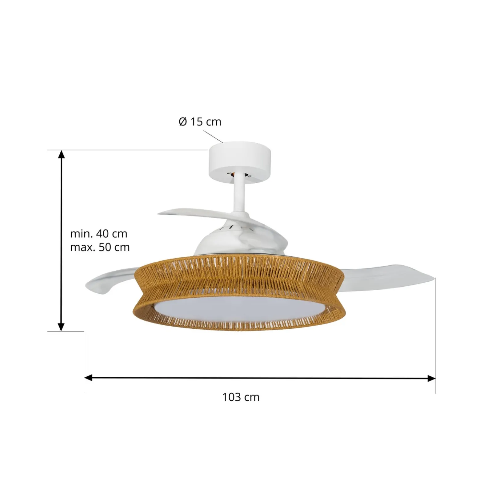 Lucande LED-Ventilator Lineta, weiß, Seil, Ø 103 cm, leise