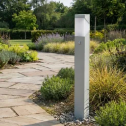 Lucande Wegeleuchte Kiran 100 cm, Sensor, hellgrau, IP44