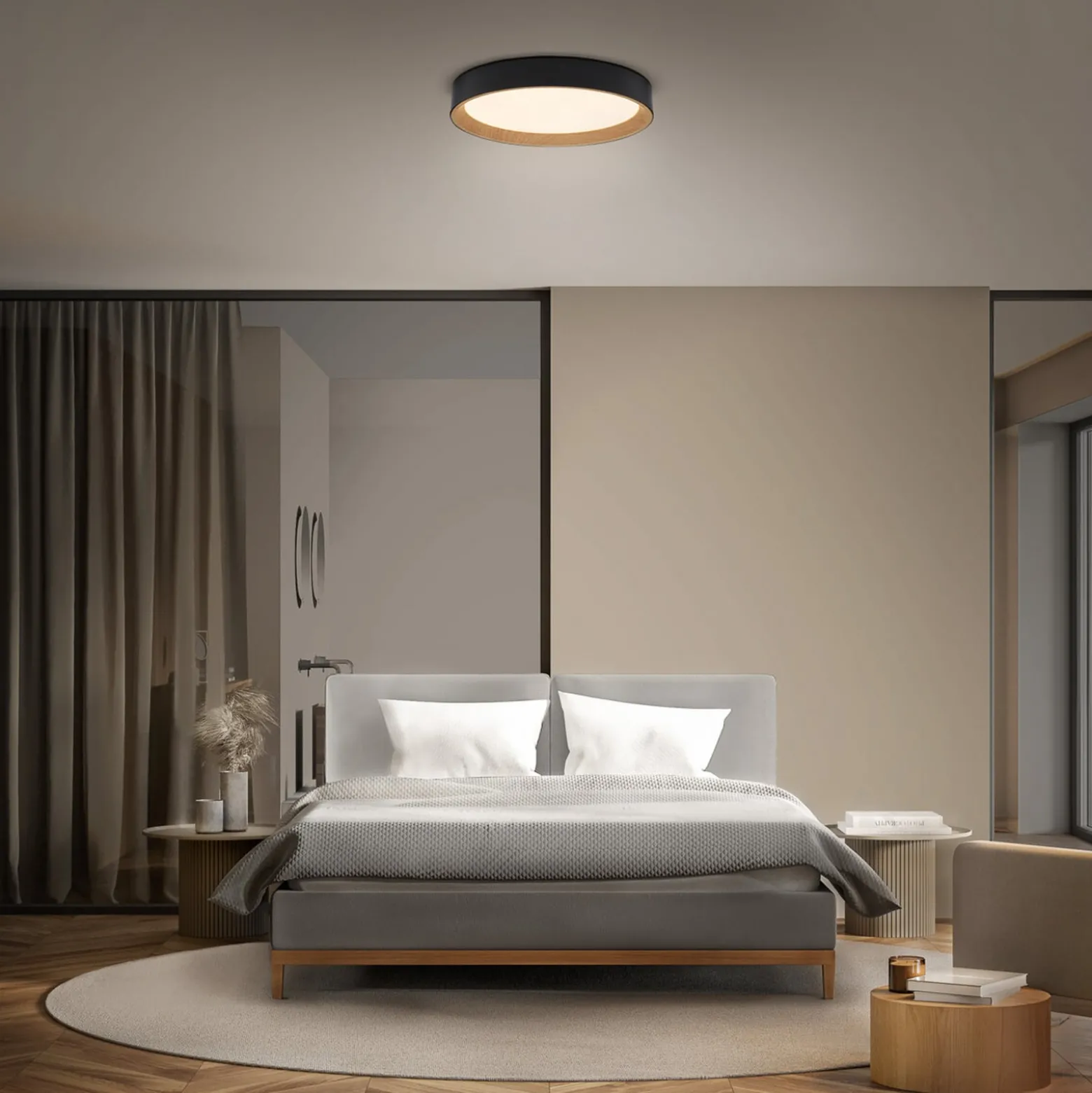OSRAM LED-Deckenlampe ORBIS LARIOS, schwarz/holz Ø 49 cm dim