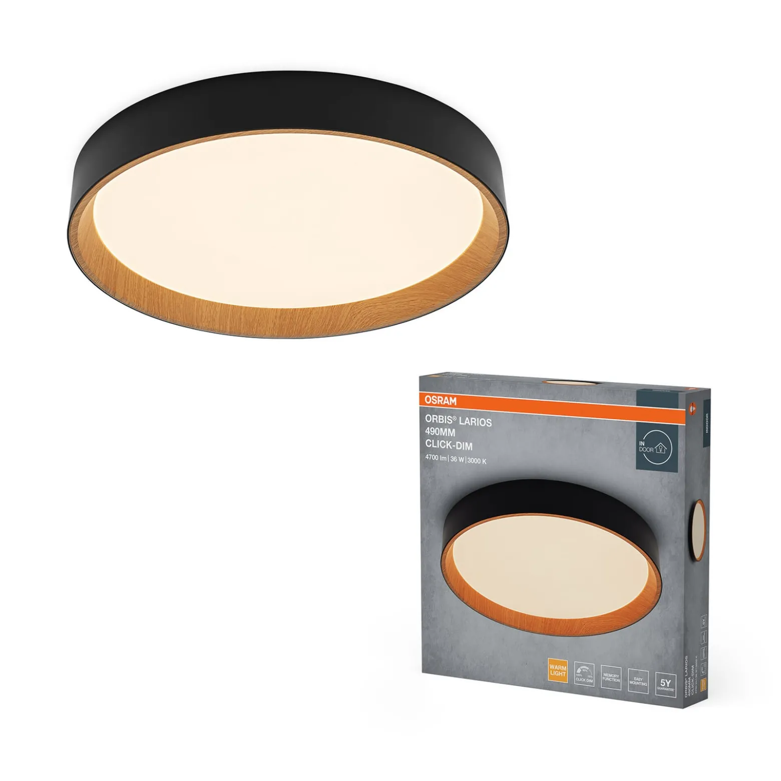 OSRAM LED-Deckenlampe ORBIS LARIOS, schwarz/holz Ø 49 cm dim
