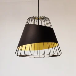 Pendellampe Austell, Ø 43 cm, schwarz/gold, Metall, Stoff