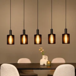 Pendellampe Lambres, schwarz Länge 164 cm Glas/Metall 5-flg.