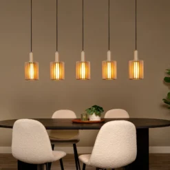 Pendellampe Lambres, taupe, Länge 164 cm, Glas/Metall 5-flg.