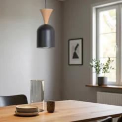 Pendellampe Nolan, Ø 11 cm, schwarz/eiche, Metall/Holz