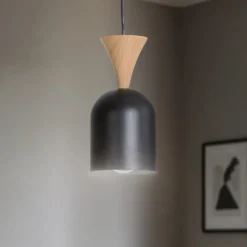 Pendellampe Nolan, Ø 11 cm, schwarz/eiche, Metall/Holz