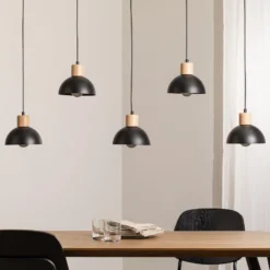 Pendellampe Seco, Länge 116 cm, schwarz, Metall/Holz, 5-flg.