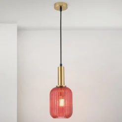 Pendelleuchte Carneval, altmessing/rot, Ø 14 cm, Glas