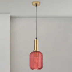 Pendelleuchte Carneval, altmessing/rot, Ø 14 cm, Glas