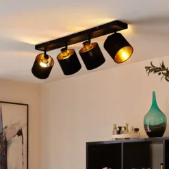 Stoff-Deckenlampe Vasilia in Schwarz-Gold, 4-fl.