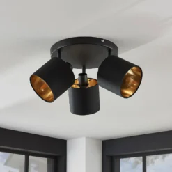 Stoff-Deckenlampe Vasilia in Schwarz-Gold, 3-fl.