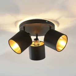 Stoff-Deckenlampe Vasilia in Schwarz-Gold, 3-fl.