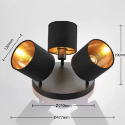 Stoff-Deckenlampe Vasilia in Schwarz-Gold, 3-fl.