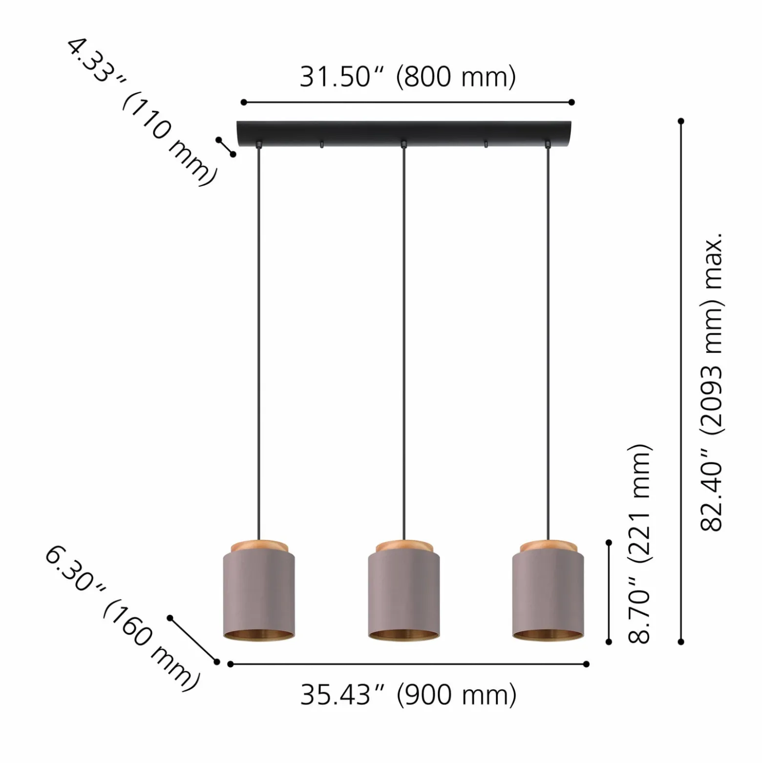 Textil-Hängelampe Albariza, cappuccinofarben, Stoff, 3-flg.
