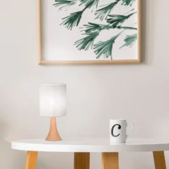 Tischlampe Arto, hellbraun/weiß, Höhe 32 cm, Metall/Leinen