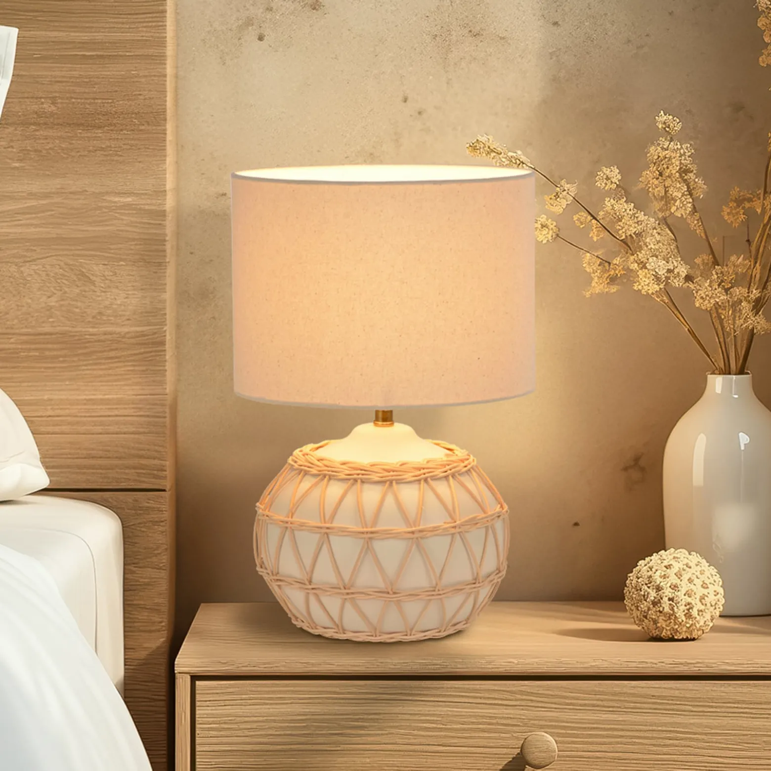 Tischlampe Cyclades, elfenbein/beige, 35 cm, Leinen/Keramik