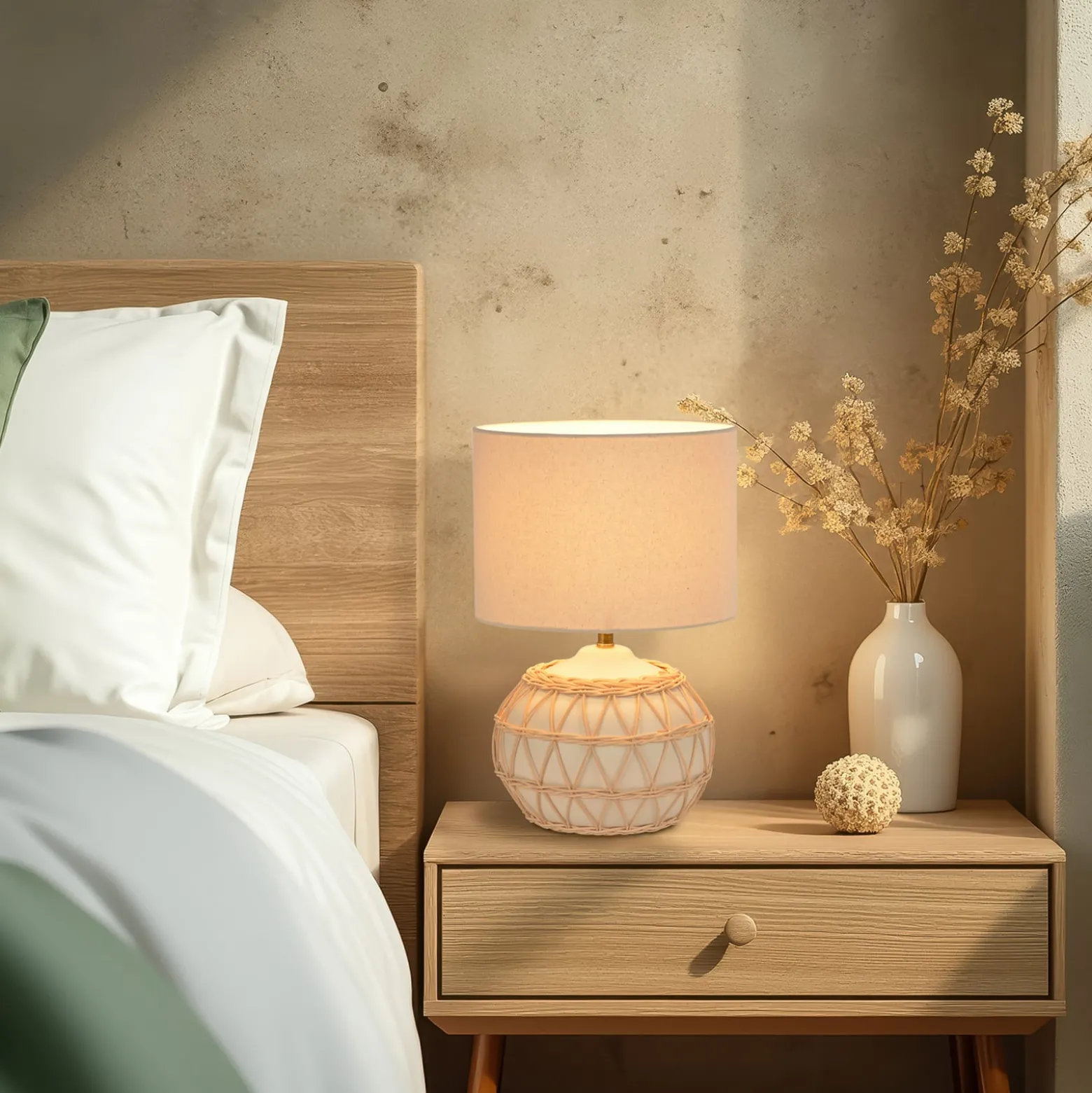Tischlampe Cyclades, elfenbein/beige, 35 cm, Leinen/Keramik