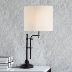 Tischlampe Munich, schwarz/weiß, Leinen, E27, verstellbar